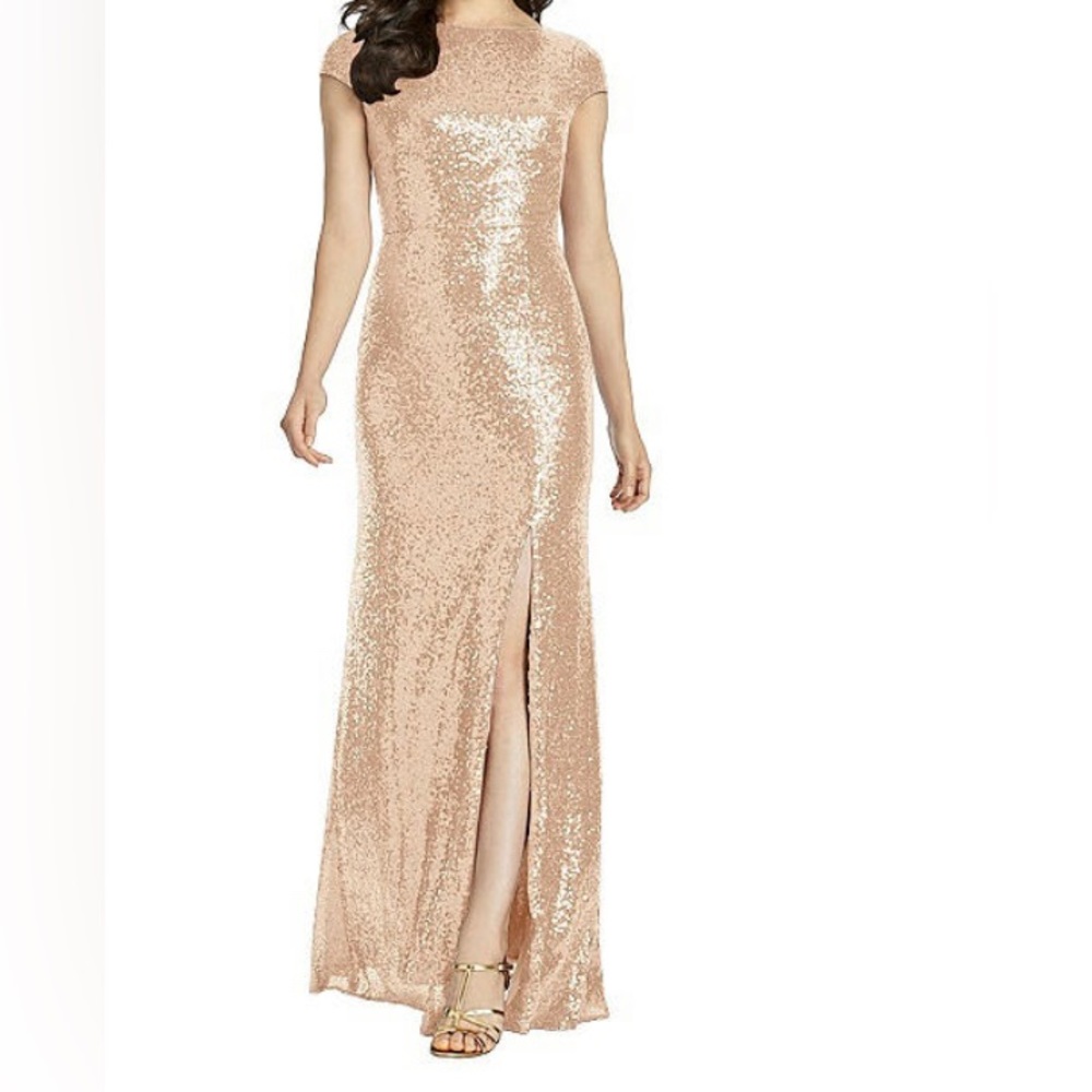 Dessy collection New Rose Gold full Length Cap Sleeve Elle Sequin Dress Sz 4